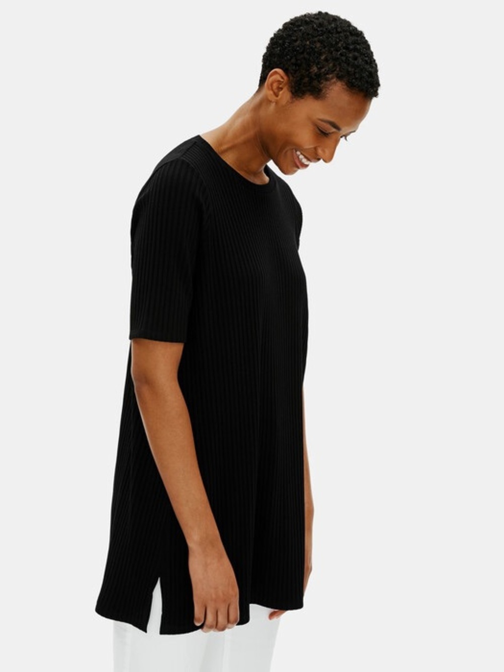 Eileen Fisher Textured Stretch Rib Round Neck Jersey Tunic Top Size Small Black